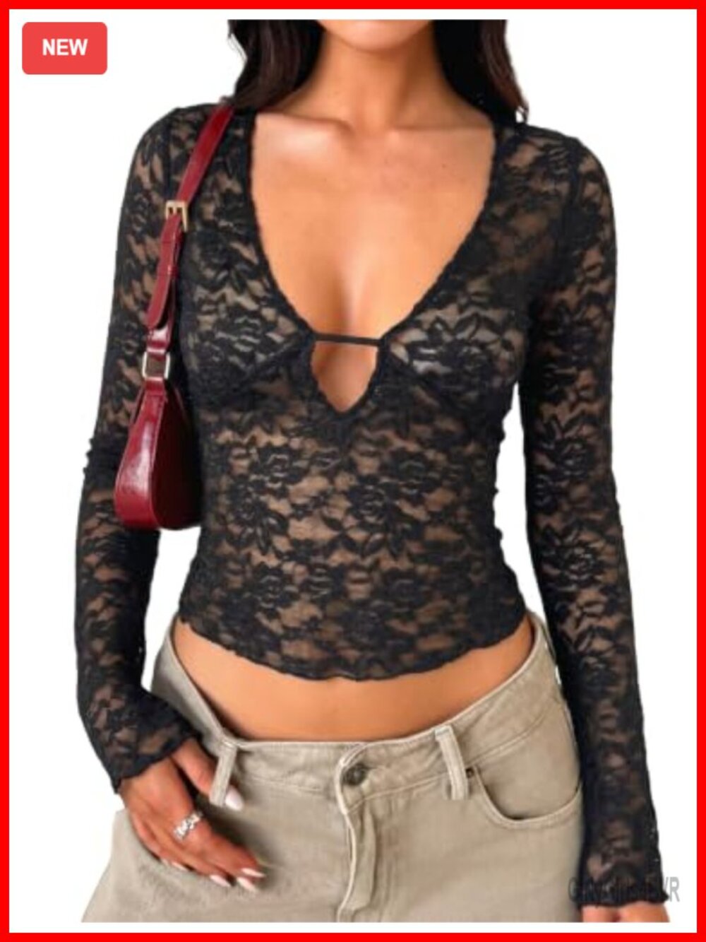 Lace Long Sleeve V-Neck Crop Top Mesh Y2K Going Out Shirt